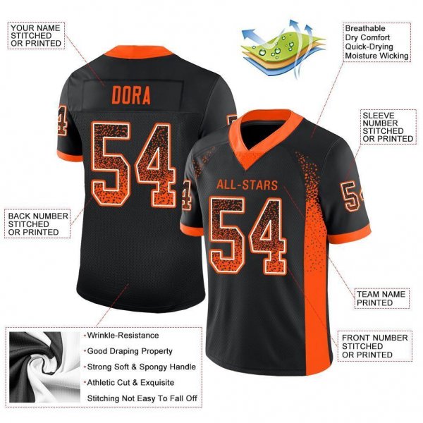 Men's Custom Black Orange-White Mesh Drift Fashion Football Jersey