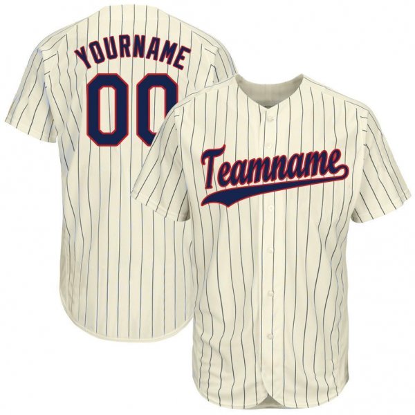 Youth Custom Cream Navy Pinstripe Navy-Red Baseball Jersey