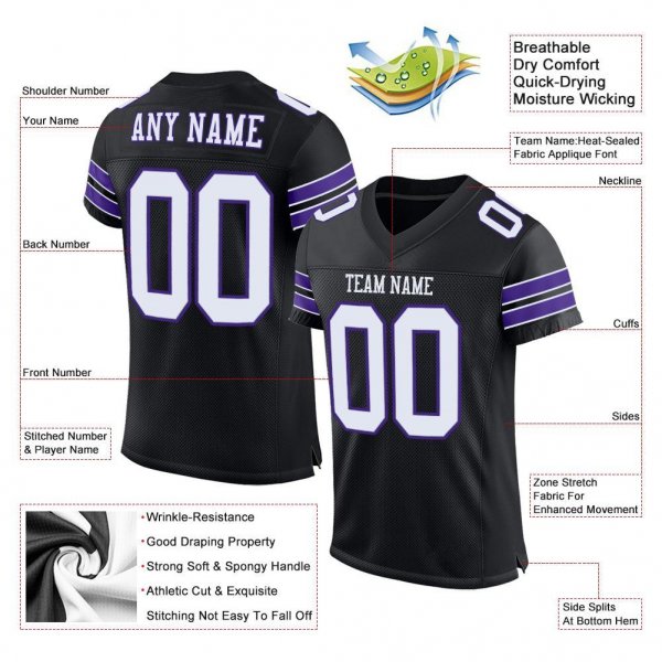 Men's Custom Black White-Purple Mesh Authentic Football Jersey