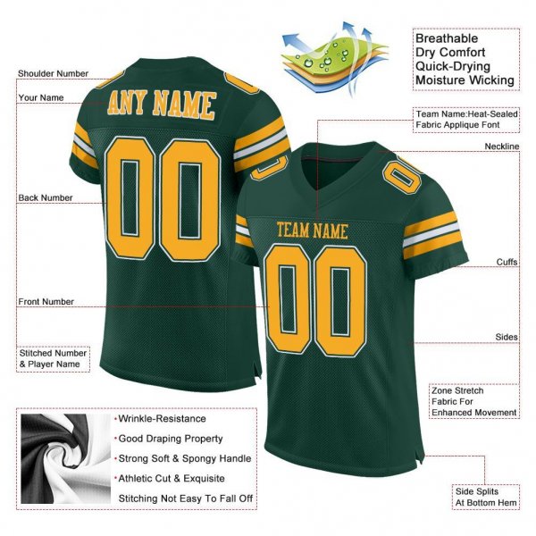 Men's Custom Green Gold-White Mesh Authentic Football Jersey