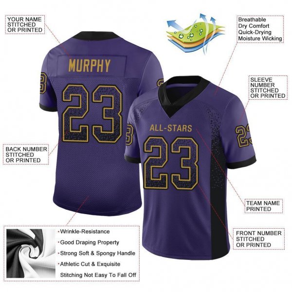 Women's Custom Purple Black-Old Gold Mesh Drift Fashion Football Jersey