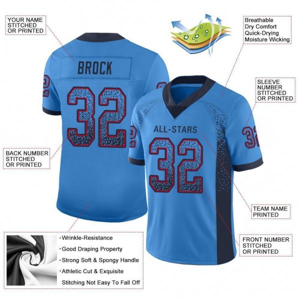 Women's Custom Powder Blue Navy-Red Mesh Drift Fashion Football Jersey