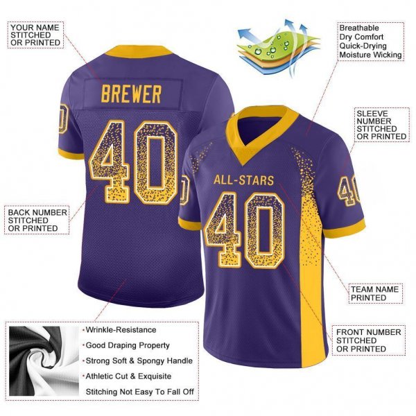 Youth Custom Purple Gold-White Mesh Drift Fashion Football Jersey