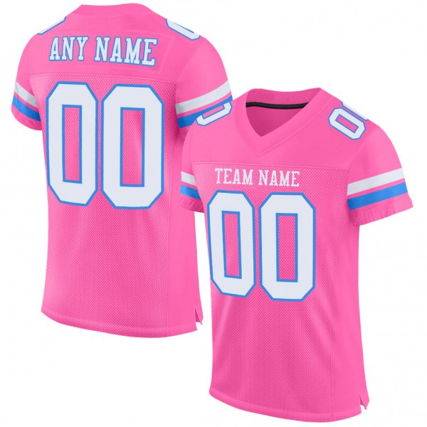 Men's Custom Pink White-Powder Blue Mesh Authentic Football Jersey