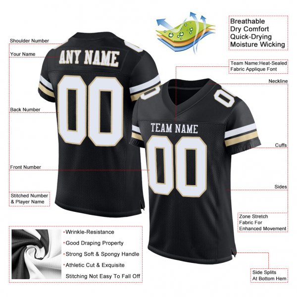 Women's Custom Black White-Vegas Gold Mesh Authentic Football Jersey