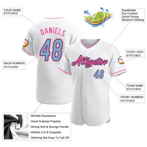 Men's Custom White Light Blue-Pink Authentic Baseball Jersey