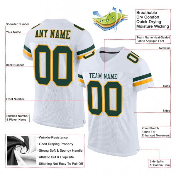 Kid's Custom White Green-Gold Mesh Authentic Football Jersey