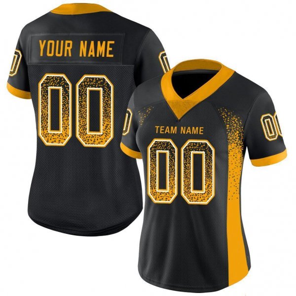 Women's Custom Black Gold-White Mesh Drift Fashion Football Jersey