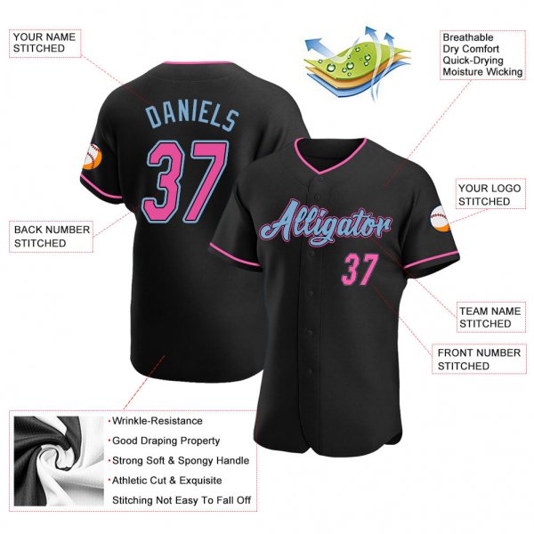 Kid's Custom Black Pink-Light Blue Authentic Baseball Jersey