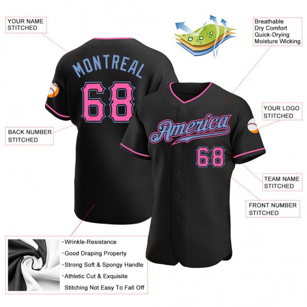 Men's Custom Black Pink-Light Blue Authentic Baseball Jersey