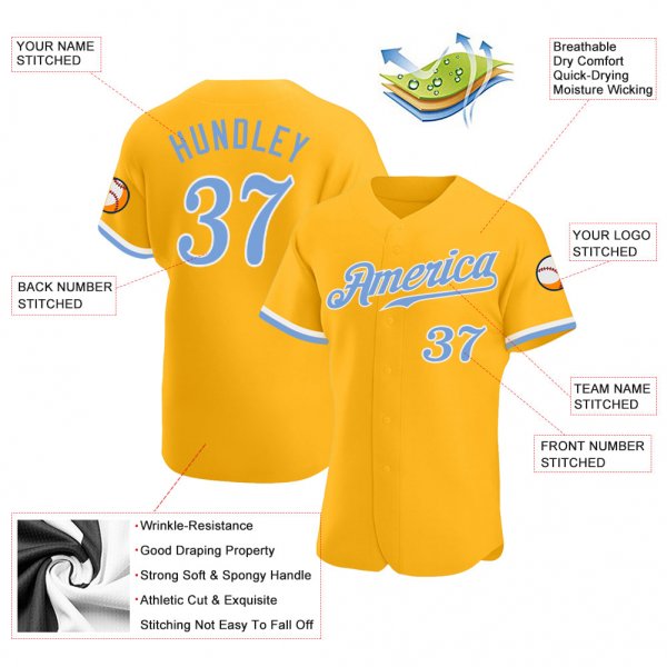 Women's Custom Gold Light Blue-White Authentic Baseball Jersey