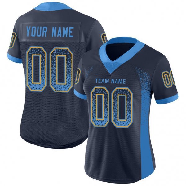 Men's Custom Navy Powder Blue-Gold Mesh Drift Fashion Football Jersey