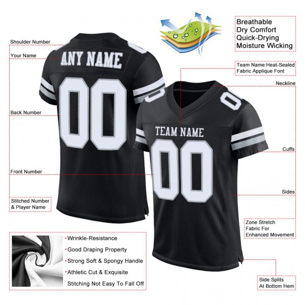 Men's Custom Black White-Silver Mesh Authentic Football Jersey