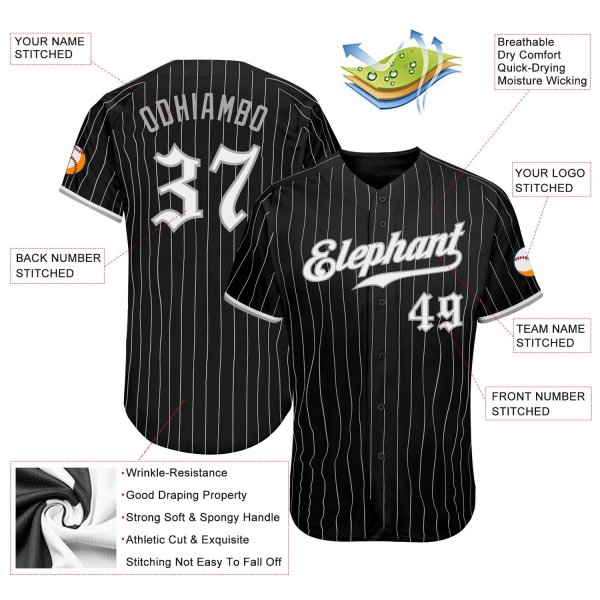 Preschool Custom Black Gray Pinstripe White-Gray Authentic Baseball Jersey