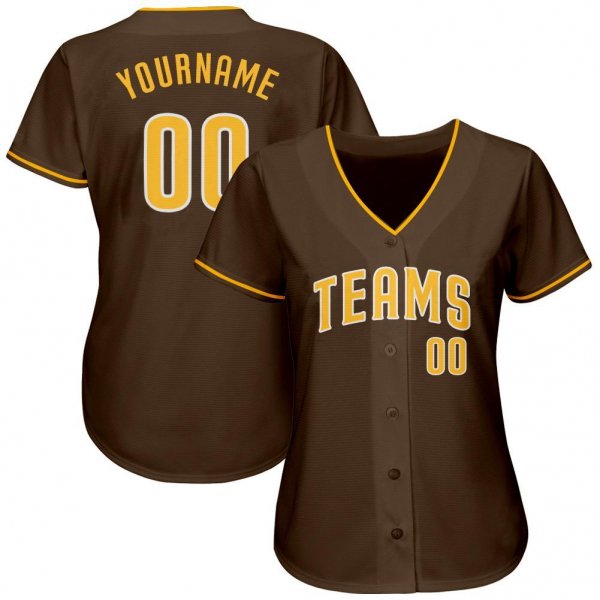 Women's Custom Brown Gold-White Authentic Baseball Jersey