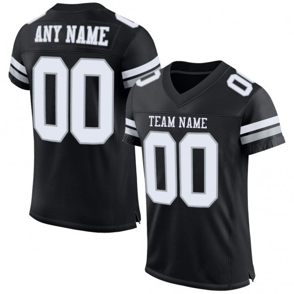 Men's Custom Black White-Silver Mesh Authentic Football Jersey