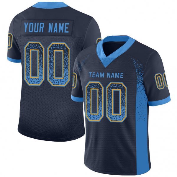 Women's Custom Navy Powder Blue-Gold Mesh Drift Fashion Football Jersey