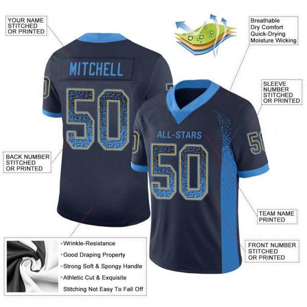 Men's Custom Navy Powder Blue-Gold Mesh Drift Fashion Football Jersey