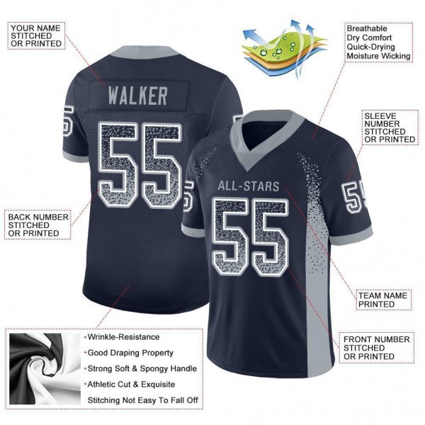 Men's Custom Navy Light Gray-White Mesh Drift Fashion Football Jersey