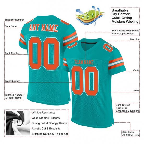 Kid's Custom Aqua Orange-White Mesh Authentic Football Jersey