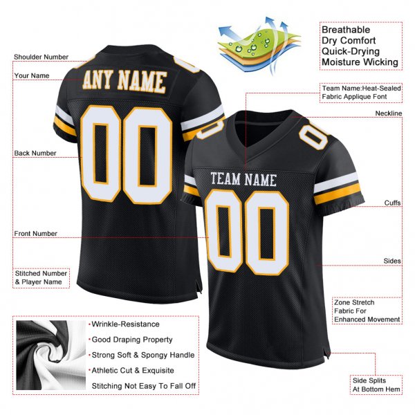 Women's Custom Black White-Gold Mesh Authentic Football Jersey