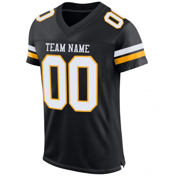 Women's Custom Black White-Gold Mesh Authentic Football Jersey