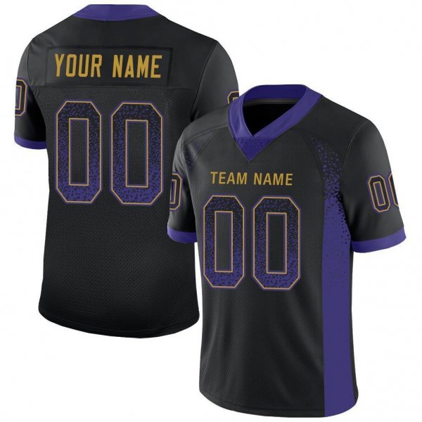 Youth Custom Black Purple-Old Gold Mesh Drift Fashion Football Jersey