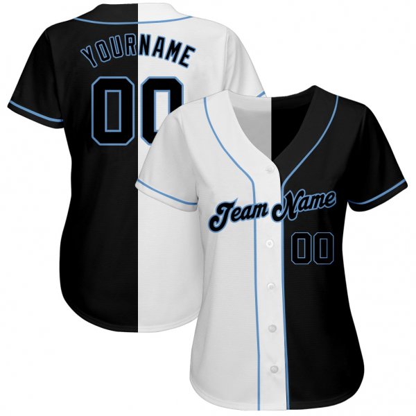 Kid's Custom White-Black Light Blue Authentic Split Fashion Baseball Jersey