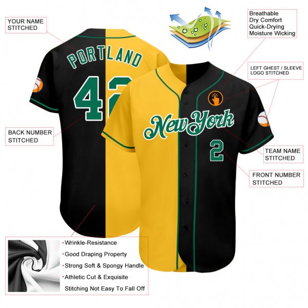 Kid's Custom Black Kelly Green-Gold Authentic Split Fashion Baseball Jersey