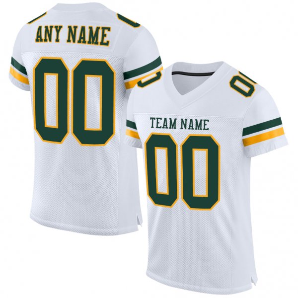 Men's Custom White Green-Gold Mesh Authentic Football Jersey