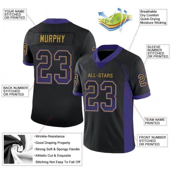 Youth Custom Black Purple-Old Gold Mesh Drift Fashion Football Jersey