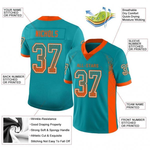 Youth Custom Aqua Orange-White Mesh Drift Fashion Football Jersey