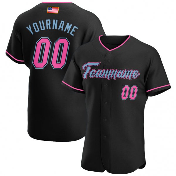 Women's Custom Black Pink-Light Blue Authentic American Flag Fashion Baseball Jersey