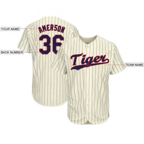 Youth Custom Cream Navy Pinstripe Navy-Red Baseball Jersey