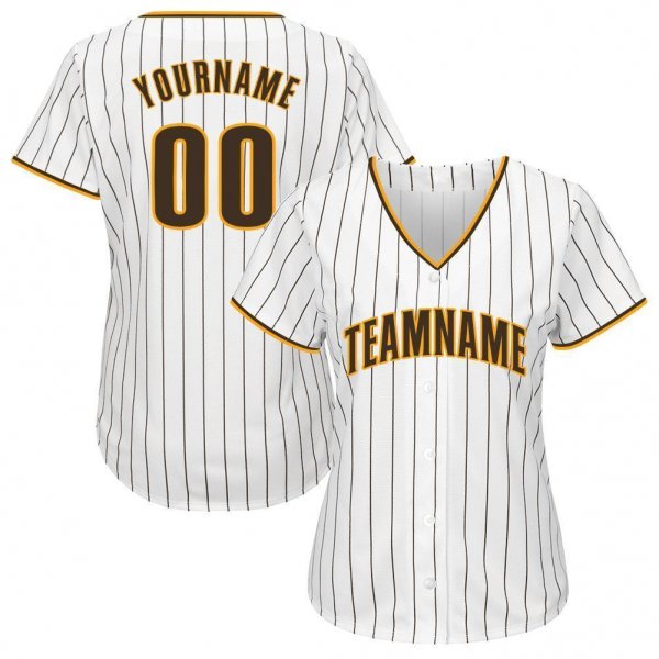 Women's Custom White Brown Pinstripe Brown-Gold Baseball Jersey