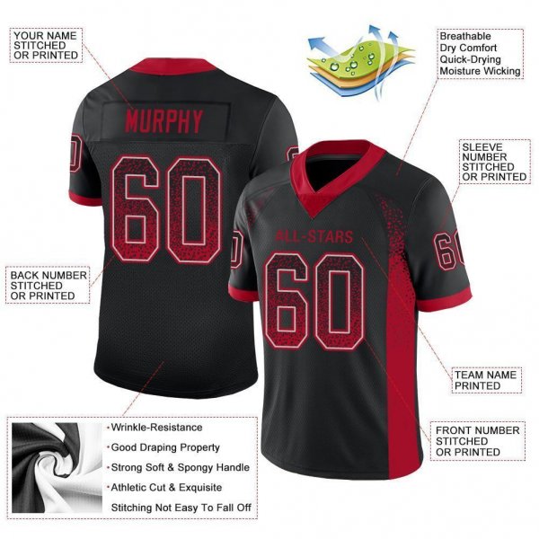 Men's Custom Black Red-Gray Mesh Drift Fashion Football Jersey