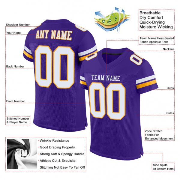 Kid's Custom Purple White-Gold Mesh Authentic Football Jersey