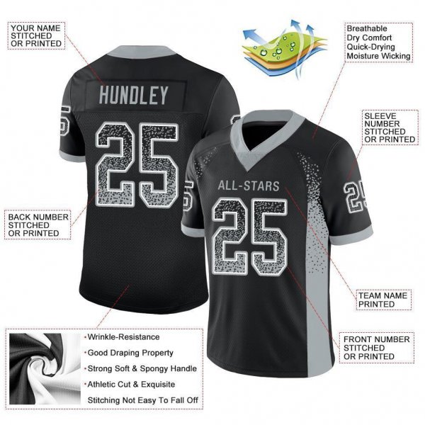 Women's Custom Black Silver-White Mesh Drift Fashion Football Jersey